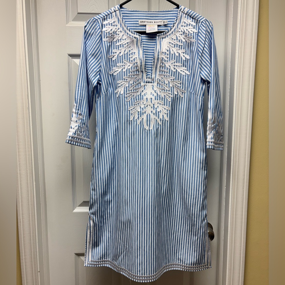 Gretchen Scott Blue & White Striped Embroidered Shift Dress | XS